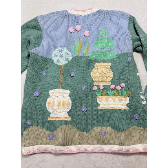 Storybook Knits Spring Garden Scene Cardigan Sz Med Blue Grandmacore Vintage - Picture 5 of 10